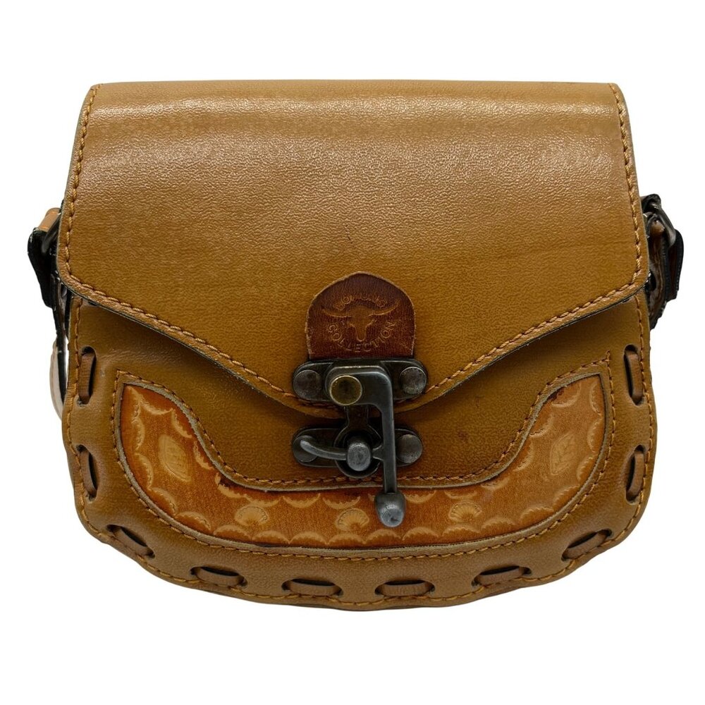 Bokung Collection Brown Tooled Leather Mini Saddle Crossbody Bag